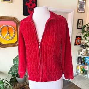 Alfred Dunner Vintage Vibrant Red Velvet Cable Knit Zip Up Sweater